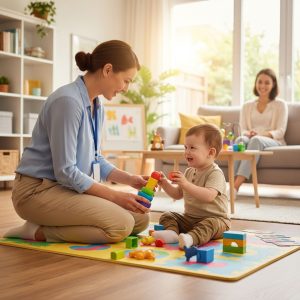 Compassionate ABA therapist engaging with smiling toddler boy with autism using educational toys in bright home environment