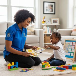 A compassionate ABA therapist engaging with a smiling young child using colorful educational toys in a cozy home living room in Prince George's County.