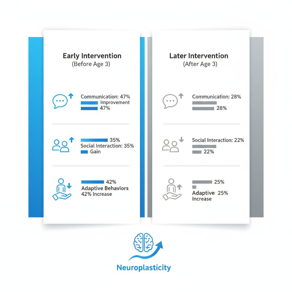 Infographic showing side-by-side comparison of ABA therapy outcomes, with higher gains in communication, social skills, and adaptive behaviors from early intervention versus later.