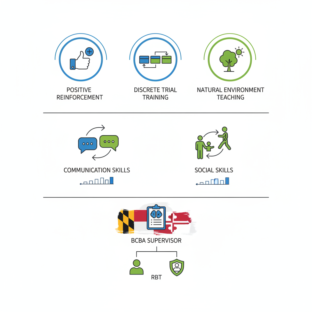 Infographic depicting ABA therapy principles, autism applications, and team roles with icons and diagrams