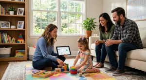 Compassionate ABA therapist conducting in-home therapy session with autistic child and supportive parents in modern living room