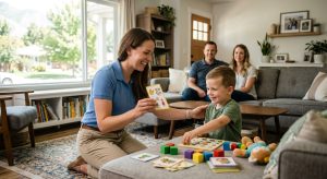 Certified ABA therapist in blue uniform engages smiling autistic child with visual aids and toys during in-home session in Utah living room, parents observing.