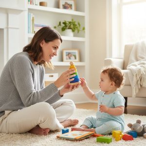 Caring parent engaging with toddler during playtime in a cozy living room, observing early developmental cues.