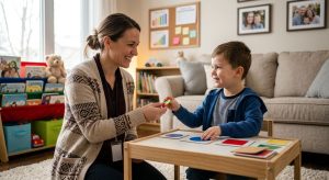 Professional ABA therapist engaging young child with autism in home-based positive reinforcement activity, matching shapes and receiving token reward.