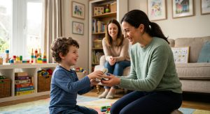 Professional photograph of ABA therapist guiding young child with autism in joyful social skills exercise at home, parent observing, cozy living room with natural light and educational toys.