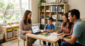 Professional image of BCBA collaborating with autistic child and parents reviewing visual ABA treatment plan on tablet in bright home therapy room.