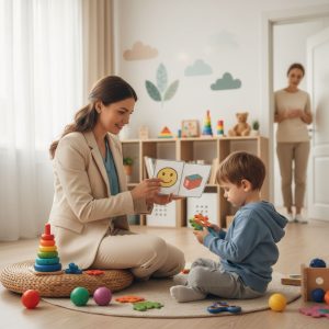 Compassionate therapist engaging with young child in calm ABA therapy session at home, emphasizing empathy and early intervention.