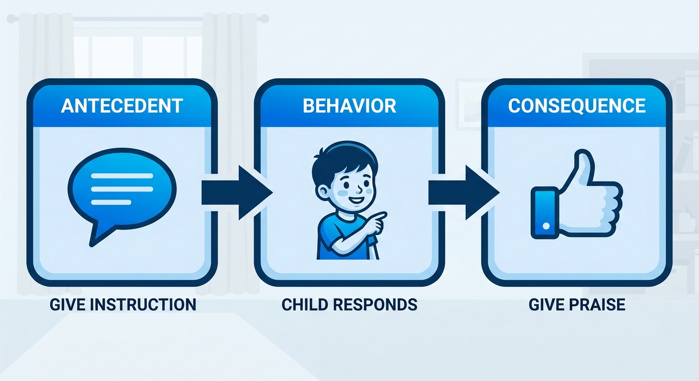 Horizontal process flow diagram of Discrete Trial Training in ABA therapy: Antecedent, Behavior, Consequence stages with icons.