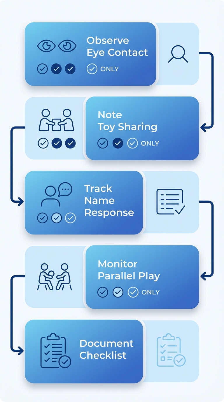 Vertical process flow diagram of 5 steps for ABA therapy social skills baseline assessment with icons and labels