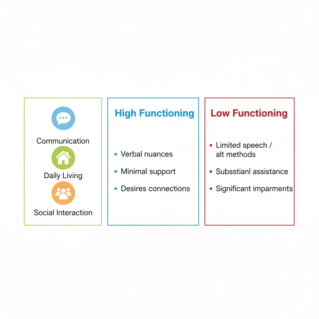 Infographic comparing high and low functioning autism in communication skills, daily living independence, and social interaction with icons and bullet points