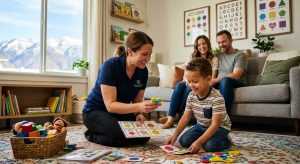 Compassionate RBT conducting in-home ABA therapy with autistic child in Salt Lake City living room, parents observing