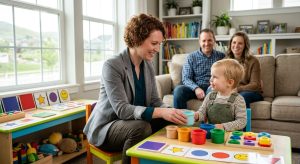 Board Certified Behavior Analyst conducting ABA therapy with young child in cozy Utah home, parents observing supportively.
