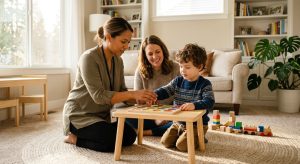 A BCBA therapist sits on a living room floor with a young child and an attentive parent, modeling a technique during a supportive in-home ABA therapy session.