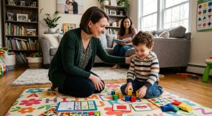 Compassionate ABA therapist conducting in-home session with young child using toys and visual aids, parent observing supportively in cozy New Jersey living room.
