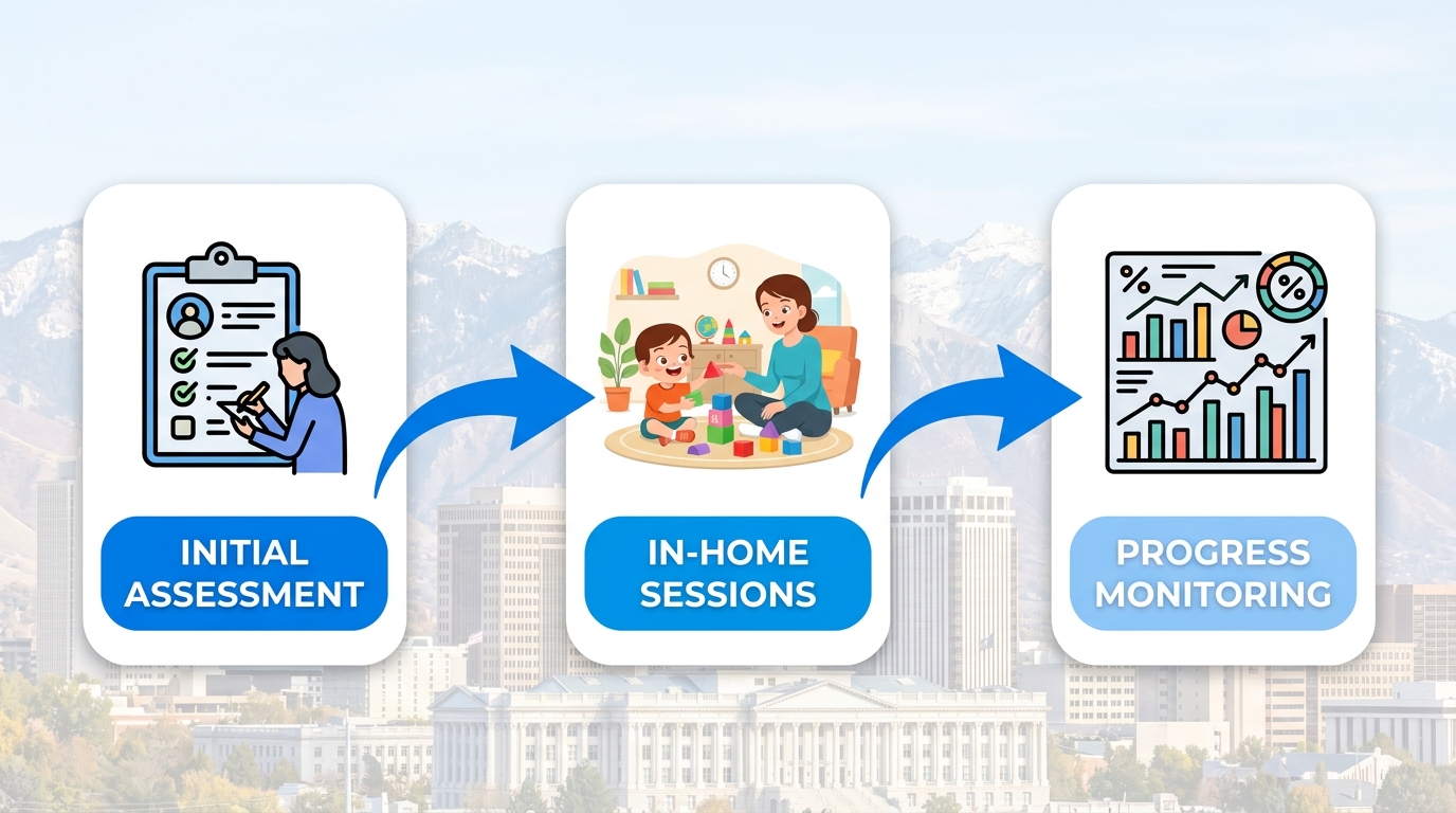 Infographic of three-stage horizontal process flow for in-home ABA autism therapy: initial assessment, one-on-one sessions, progress monitoring with icons and arrows.
