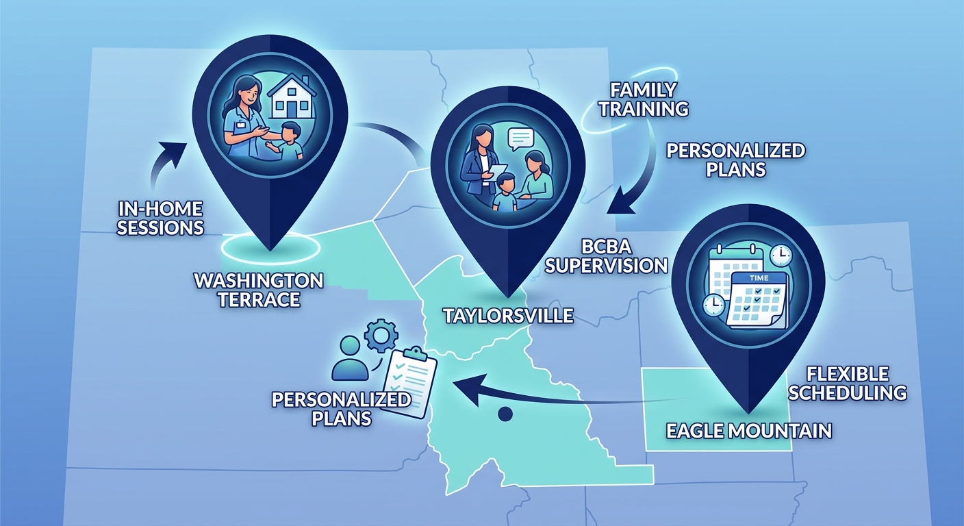 Infographic map of Utah highlighting Golden Touch ABA Therapy service areas in Washington Terrace, Taylorsville, and Eagle Mountain with feature icons.