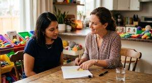 A parent and a BCBA therapist review an insurance document at a kitchen table, with ABA therapy materials in the background, conveying partnership and clarity.