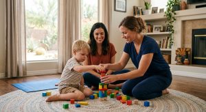 A BCBA therapist kneeling beside a young child playing with blocks in a sunlit Arizona living room, with the parent nearby smiling, illustrating personalized in-home ABA therapy.