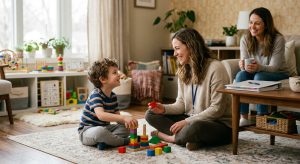 A photograph of a female BCBA therapist engaging a child with autism in a playful learning activity using blocks, with a parent watching and a treatment plan visible on the coffee table in a cozy living room setting