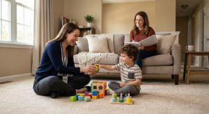 Professional photograph of a therapist engaging a young child with autism through play on a living room floor in a Maryland home, parent smiling nearby with a therapy plan, natural light creating a calm environment