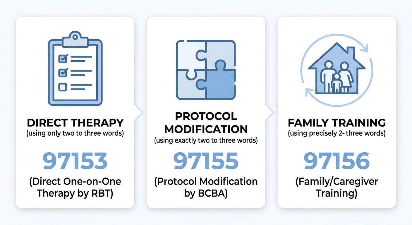 Infographic showing three common ABA therapy CPT codes: 97153 for direct one-on-one therapy by RBT, 97155 for protocol modification by BCBA, and 97156 for family caregiver training, with icons and connecting arrows.