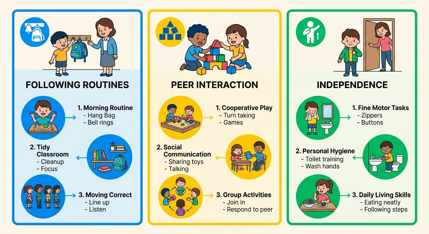 Infographic showing three school readiness skills built through in-home ABA therapy: following routines, peer interaction, and independence, with colorful icons and labels