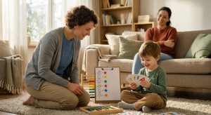 A warm sunlit living room with a female BCBA therapist kneeling beside a young child, engaging with colorful flashcards, while a parent watches in the background.