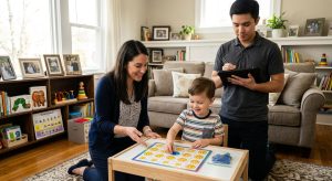 A BCBA supervising a young child during an ABA therapy session in a cozy living room, with an RBT recording data on a tablet.