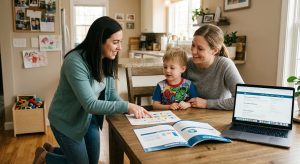 A mother and her young child sit at a kitchen table with an ABA therapist who points to a visual schedule, with insurance documents and a laptop nearby, home setting is warm and inviting.