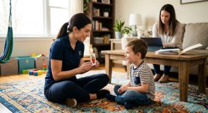 A BCBA therapist engaging a smiling child with autism in an ABA learning activity on a colorful rug in a cozy living room, with a parent reviewing documents in the background.