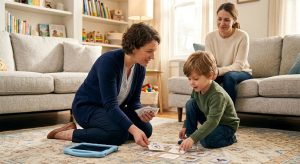BCBA therapist working with autistic child using picture cards for communication during in-home therapy session in warm living room