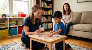 In-home ABA therapy session with BCBA, child with autism, and mother in a bright living room