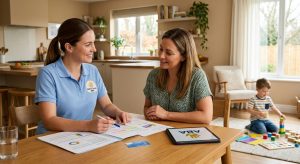 A BCBA and a parent sit at a kitchen table reviewing insurance coverage documents for ABA therapy, with a child playing with colorful learning toys nearby in a bright home setting.