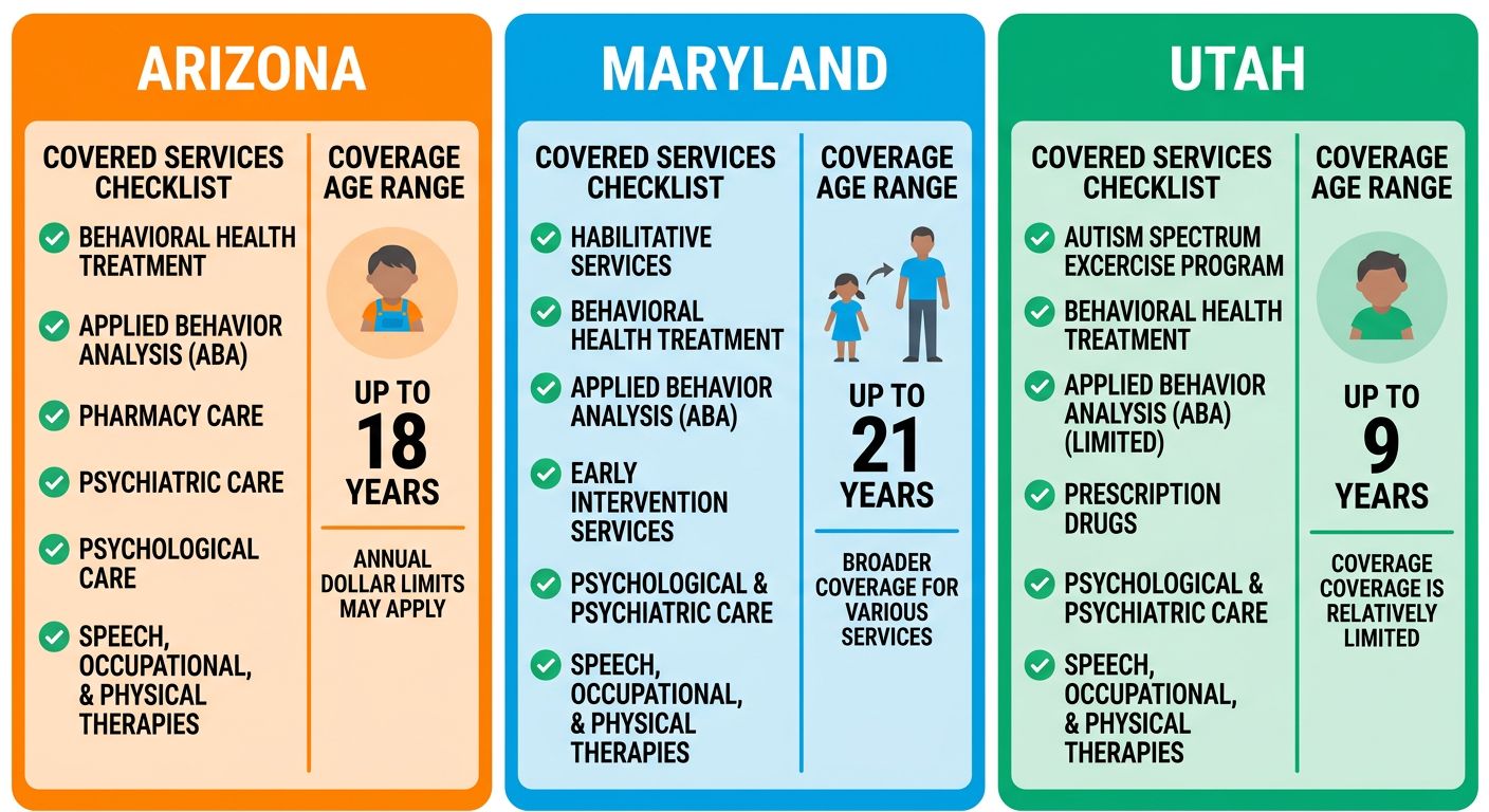Infographic comparing state autism insurance mandates for Arizona, Maryland, and Utah. Each state is represented by a color-coded card (orange, blue, green) listing covered services with ABA therapy highlighted and a child-to-young-adult silhouette icon for coverage age range. Three cards arranged horizontally on a light background with subtle drop shadows.