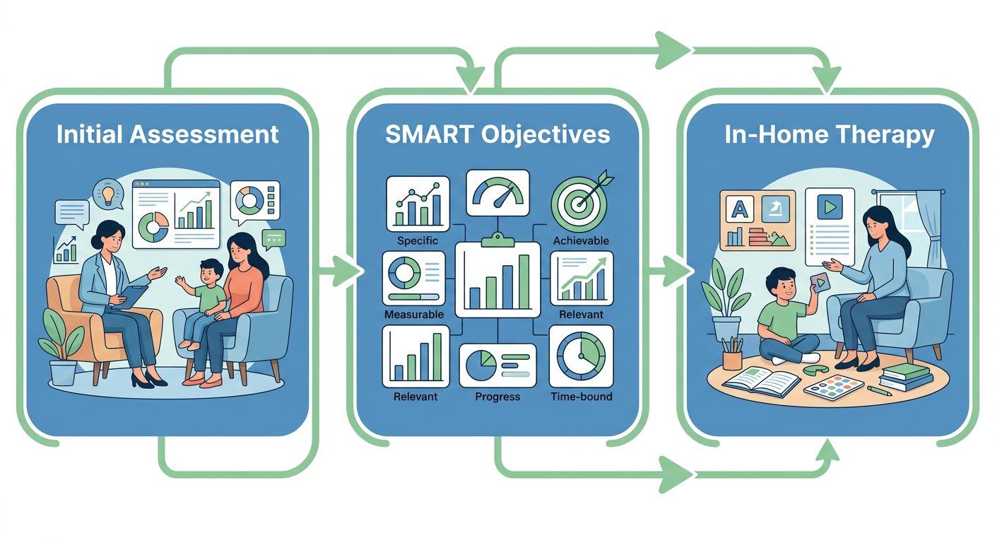 ABA therapy goal-setting process: initial assessment, setting SMART objectives, and in-home therapy implementation