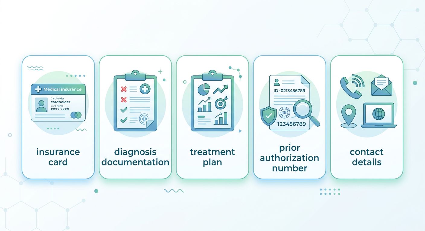 Infographic with five icon cards showing items needed for ABA therapy insurance verification: insurance card, diagnosis documentation, treatment plan, prior authorization number, and contact details in soft blue and green colors.