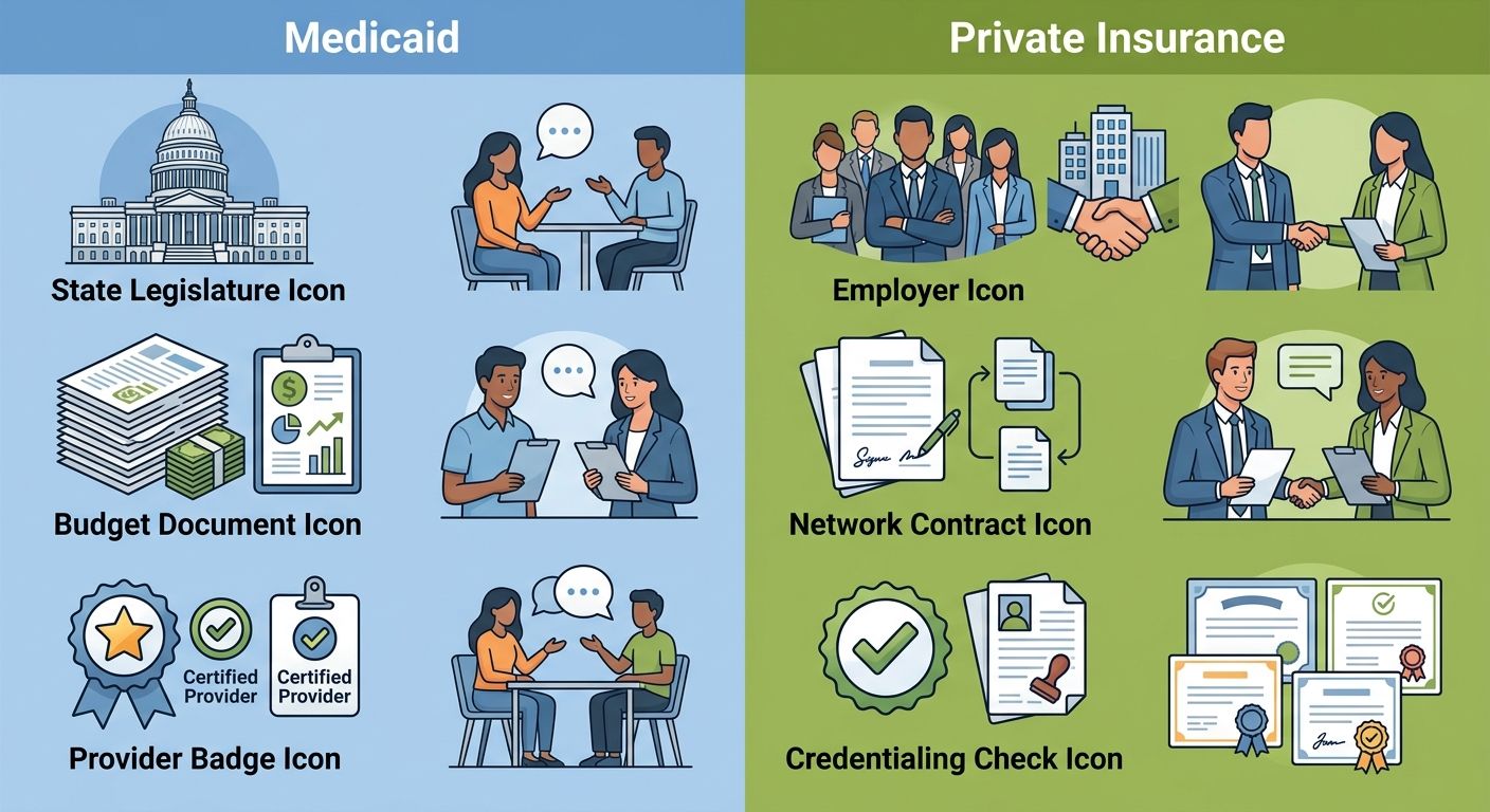 Two-column comparison infographic for ABA therapy reimbursement: Medicaid versus private insurance, each with three descriptive icons.