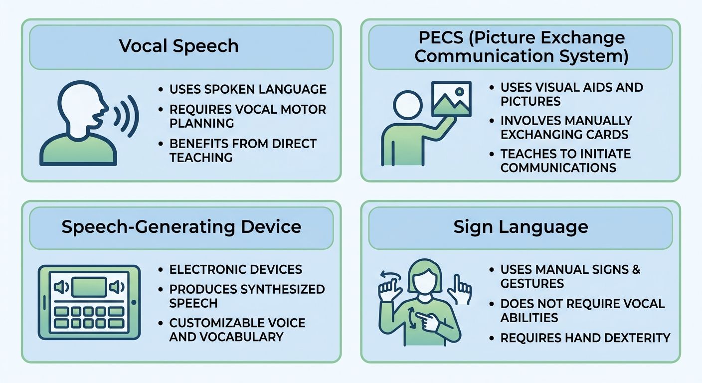Infographic comparing four communication methods used in Functional Communication Training: Vocal Speech, PECS, Speech-Generating Device, and Sign Language