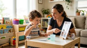 Young child learning toothbrushing skills with ABA therapist using visual chart at home table, bright natural lighting, warm supportive environment.