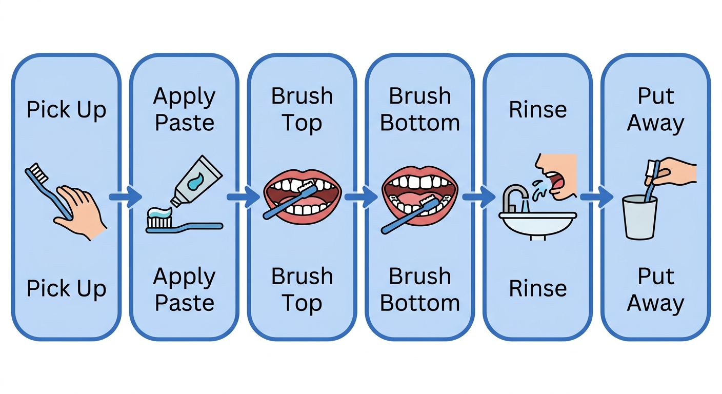 Horizontal process flow diagram with six rounded blue rectangles showing toothbrushing steps: pick up toothbrush, apply toothpaste, brush top teeth, brush bottom teeth, rinse mouth, and put toothbrush away, each with an icon and 2-3 word label connected by arrows.