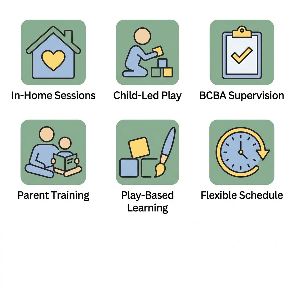 Icon set illustrating Golden Touch ABA services: in-home sessions, child-led play, BCBA supervision, parent training, play-based learning, and flexible scheduling.
