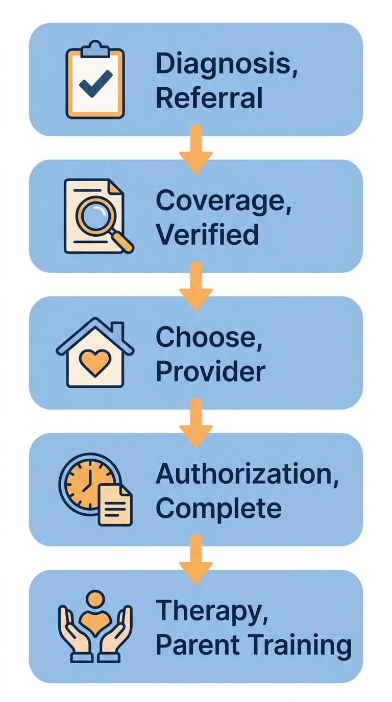 Vertical process flow showing five steps to access ABA therapy under Utah Medicaid: Get Diagnosis and Referral, Verify Medicaid Coverage, Choose a Medicaid-Approved In-Home Provider, Complete Prior Authorization and Treatment Plan, and Begin Therapy Sessions with Parent Training