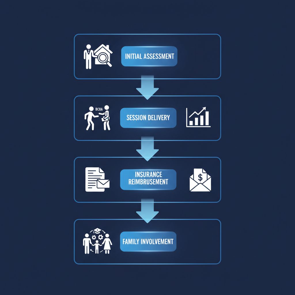 Vertical process flow diagram illustrating the four stages of out-of-network ABA therapy provided by Golden Touch ABA Therapy.